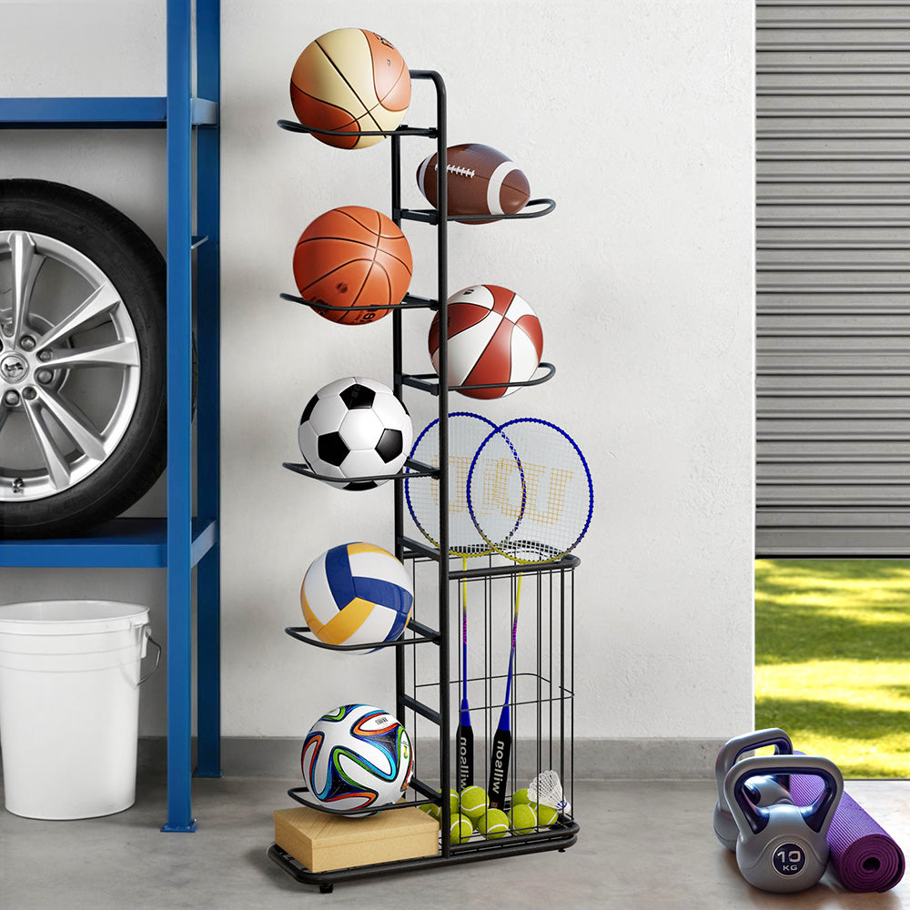Everfit 7-Tier Ball Storage Rack Sports Equipment Organizer Black