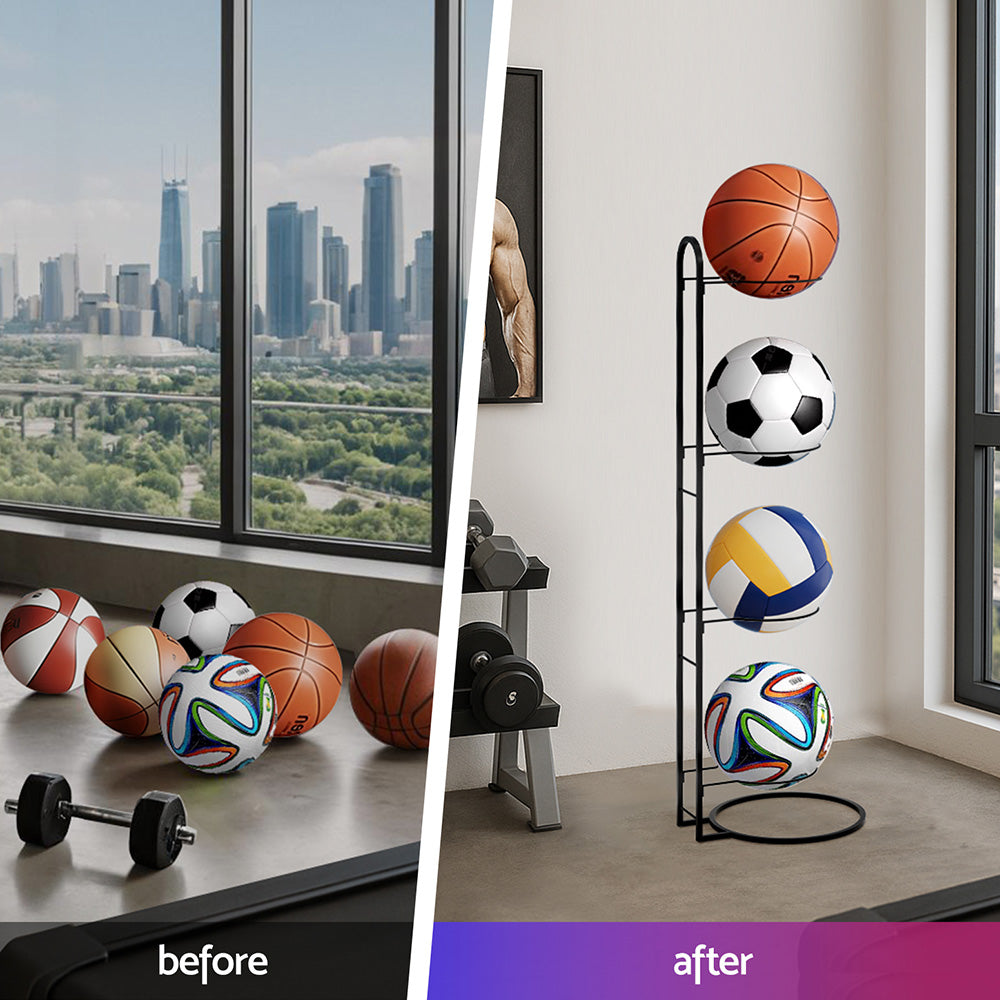 Everfit 4-Tier Ball Storage Rack Black Sports Equipment Organiser