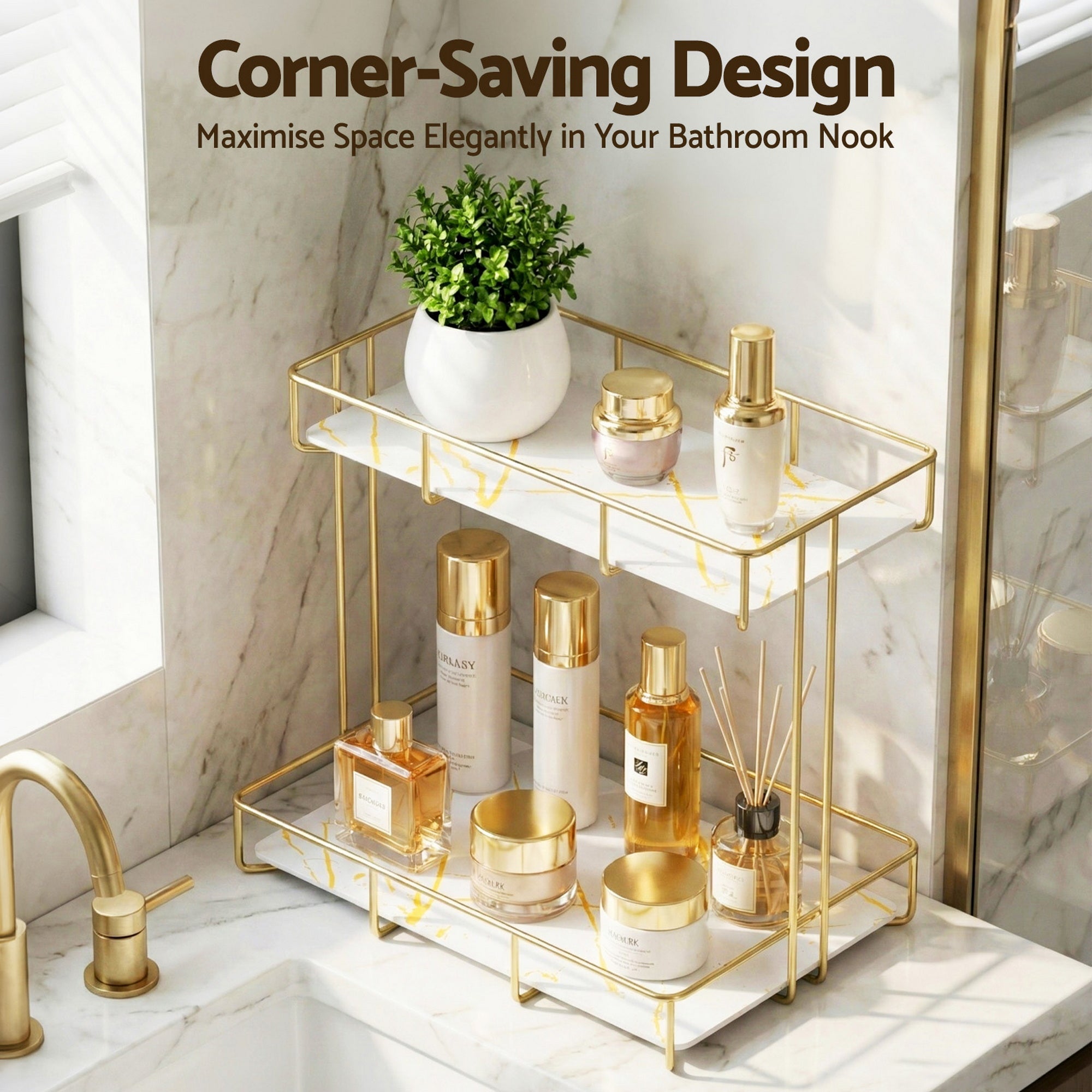 Artiss Bathroom Storage Rack 2 Tier Corner Organiser Gold Marble Look