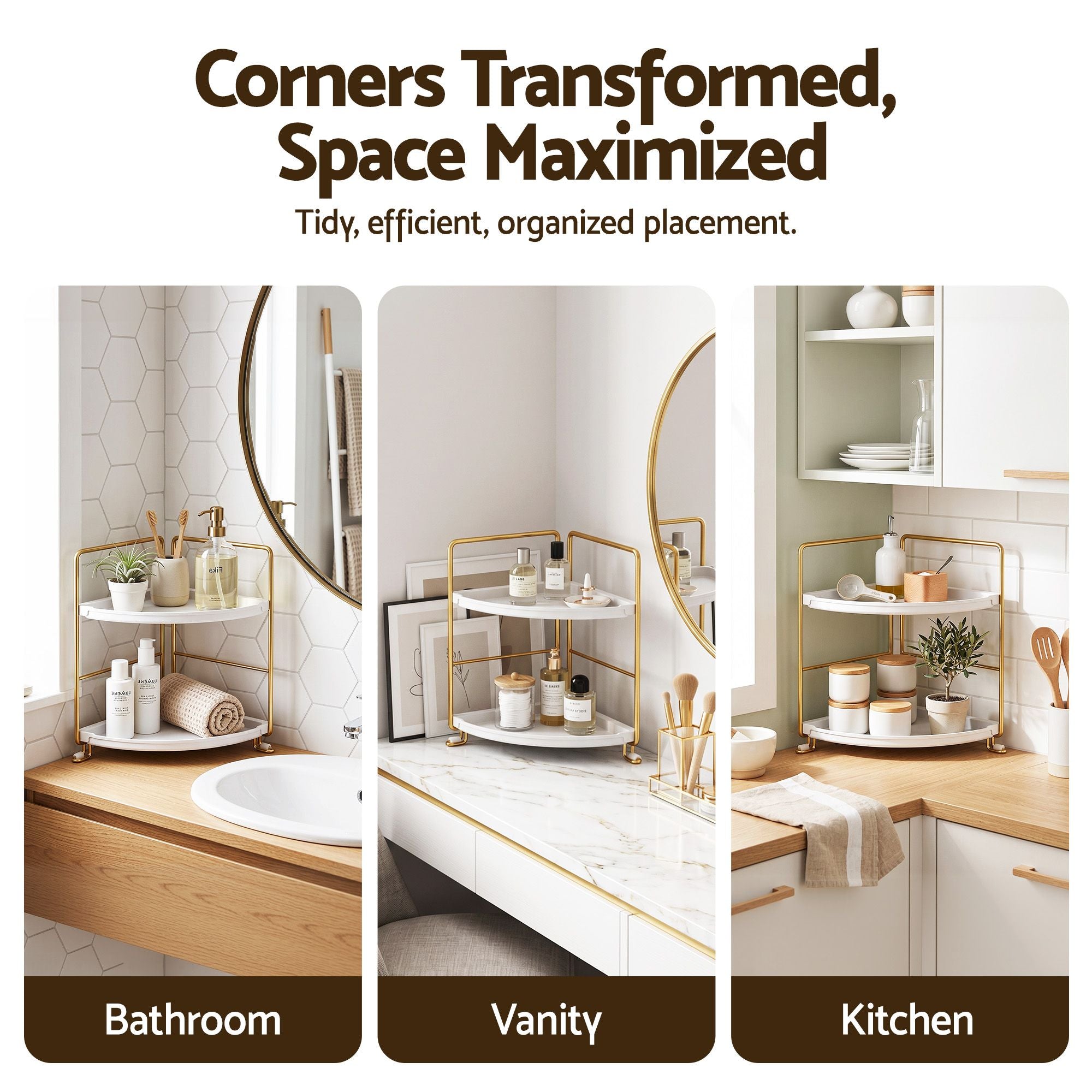 Artiss Bathroom Corner Shelf Countertop Organiser Vanity Storage Rack White Gold
