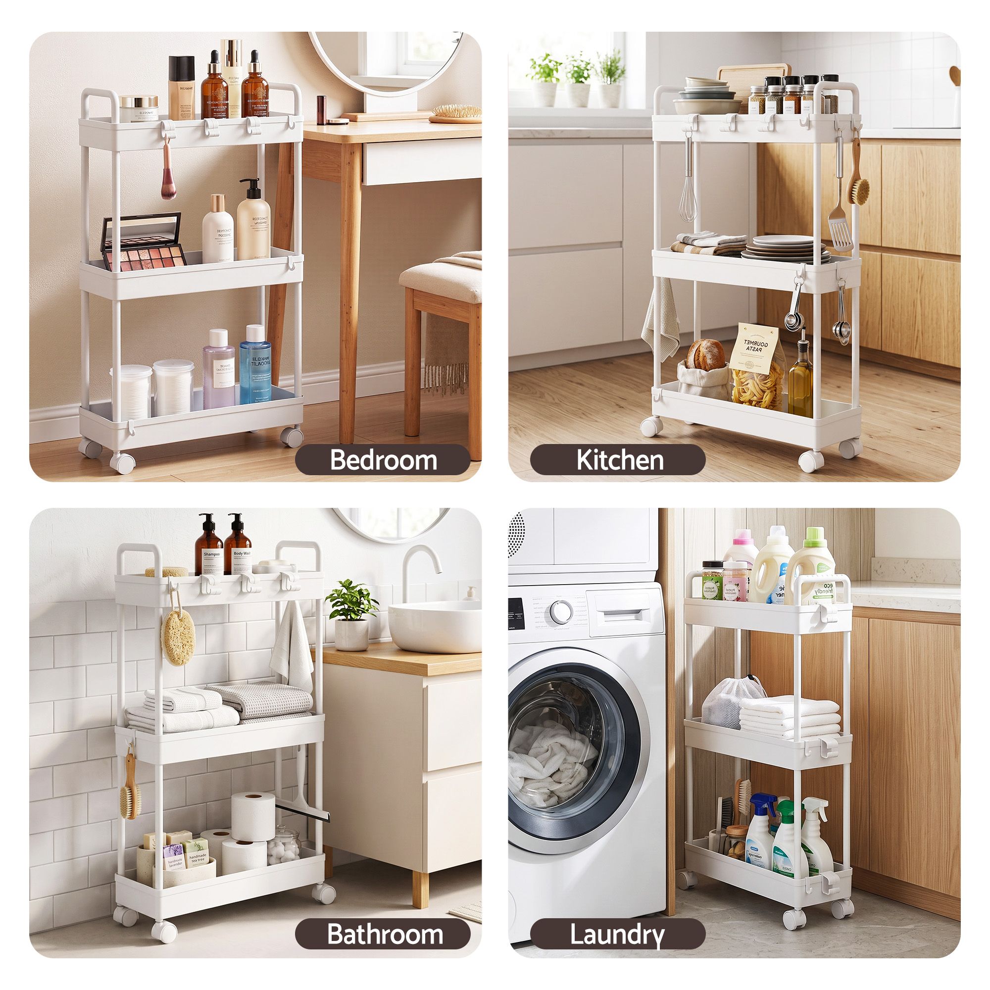 Artiss 3 Tier Slim Storage Trolley Narrow Utility Organiser Rack White