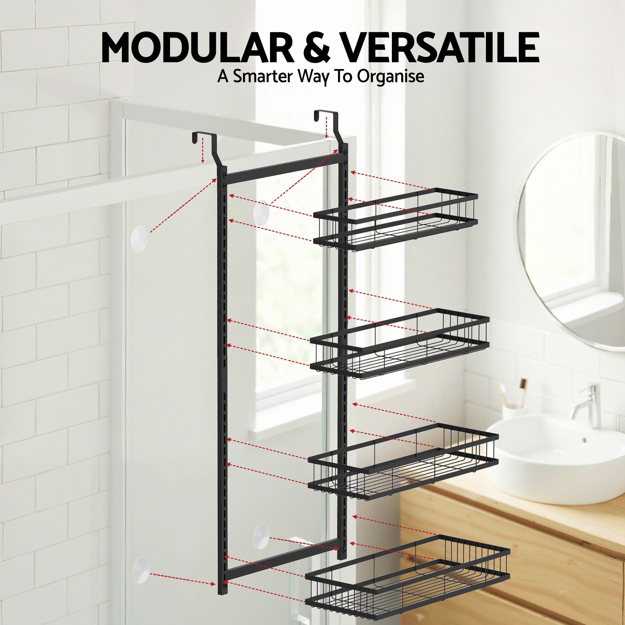 Artiss Over Door Bathroom Rack Hanging Organiser 4 Tier No Drill 91cm Black