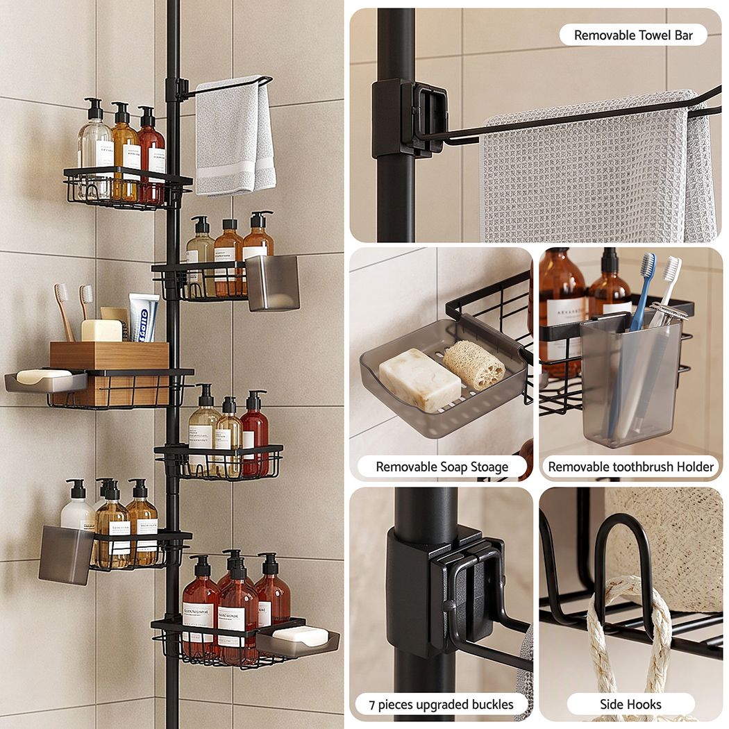 Artiss Tension Pole Shower Caddy Steel Corner Bathroom Shelf Black