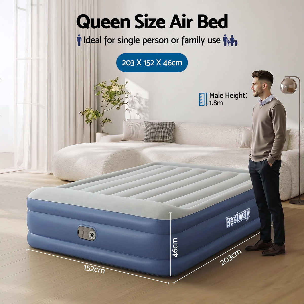 Bestway Queen Air Mattress with Built-in Pump Inflatable Bed 46cm