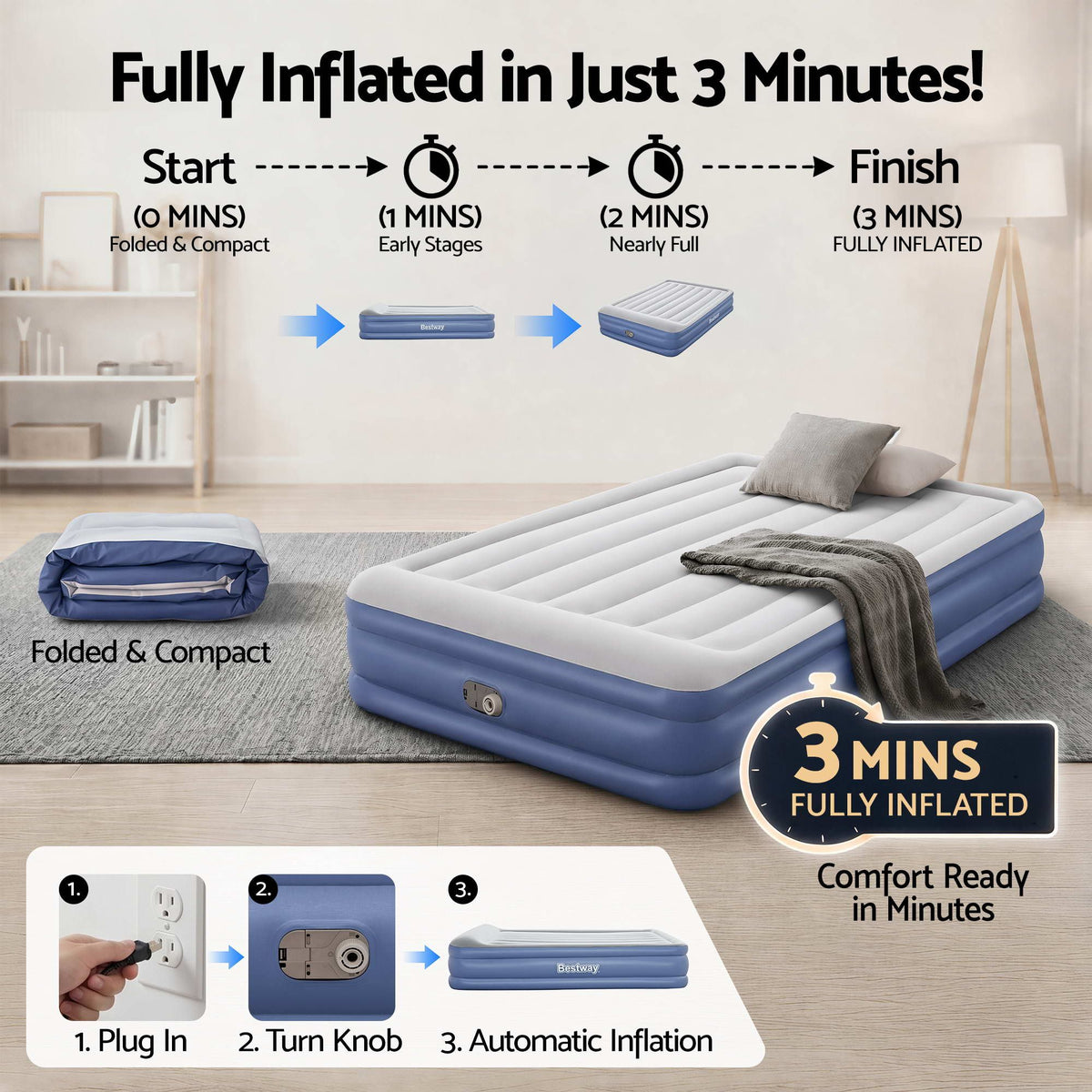 Bestway Queen Air Mattress with Built-in Pump Inflatable Bed 46cm