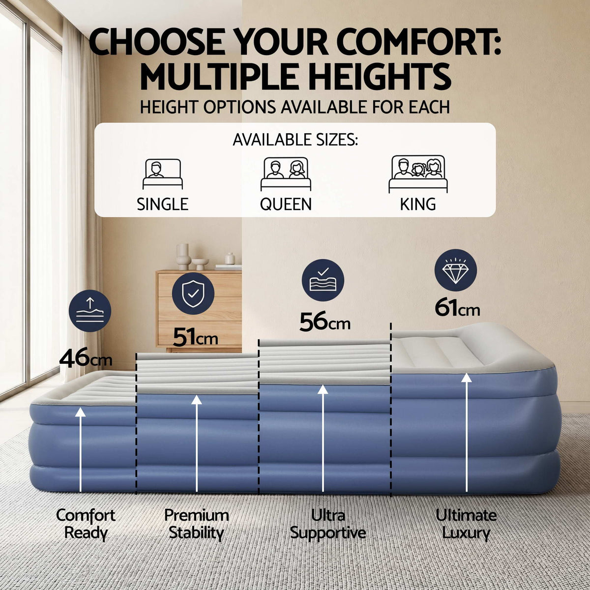Bestway Queen Air Mattress with Built-in Pump Inflatable Bed 46cm
