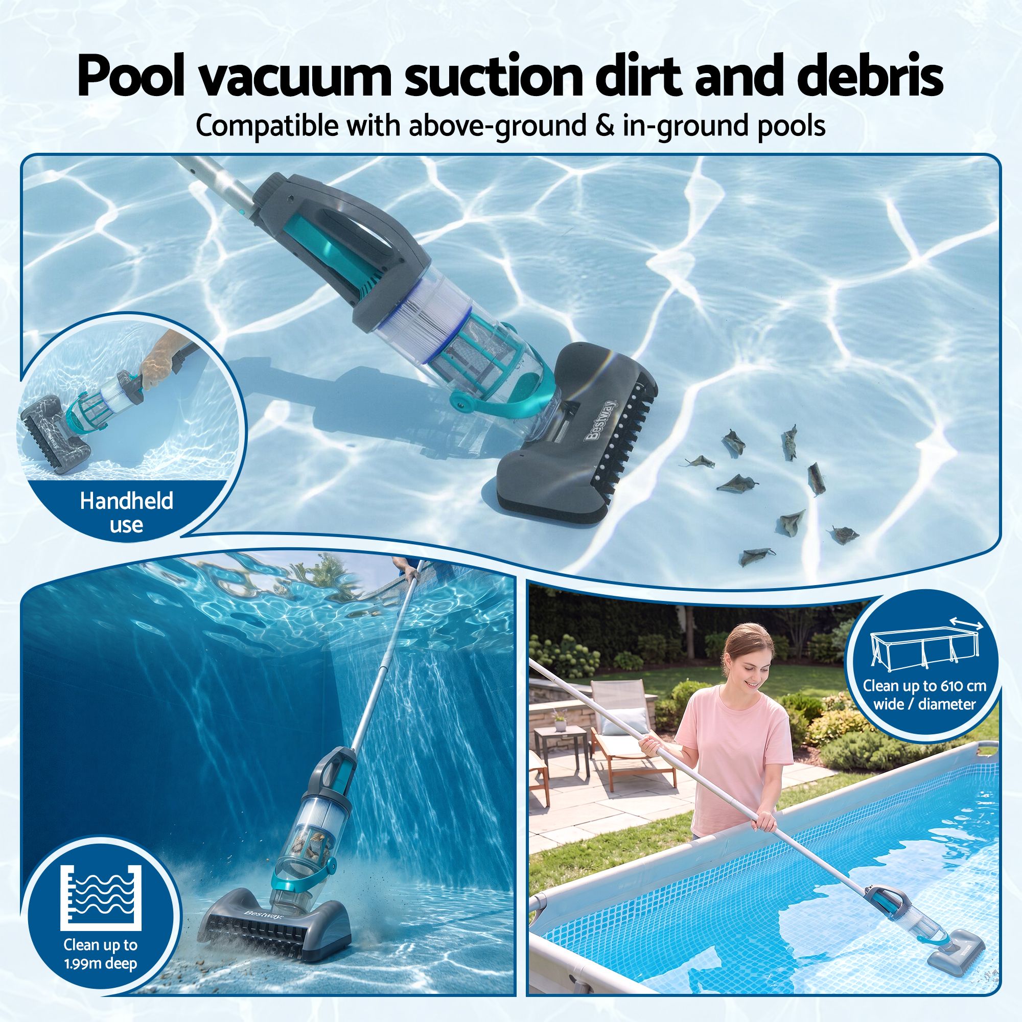 Bestway Pool Vacuum Cleaner Handheld Rechargeable Maintenance Kit Debris 2L