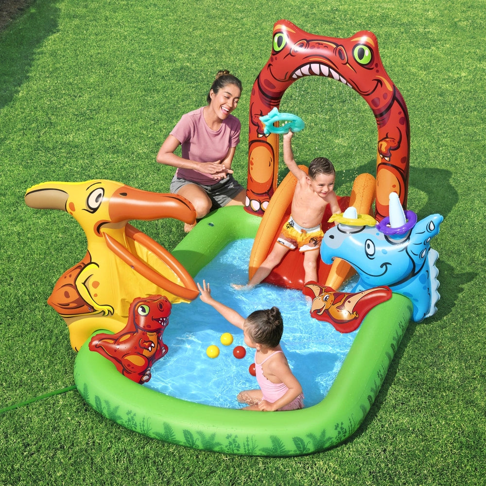 Fantastic Jurassic Kids Inflatable Splash Pool 242cm Slide & Ball Toss