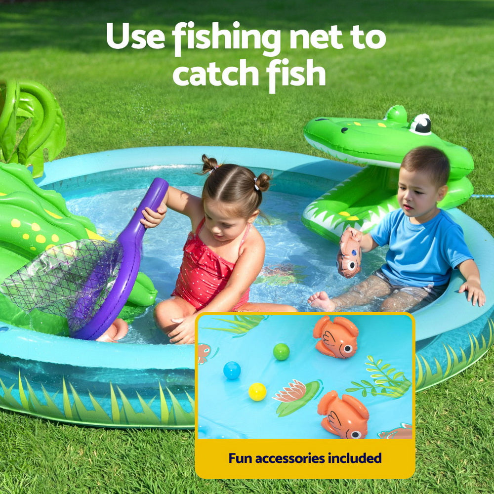 Fantastic Crocodile Kids Inflatable Play Pool with Slide and Fishing Net