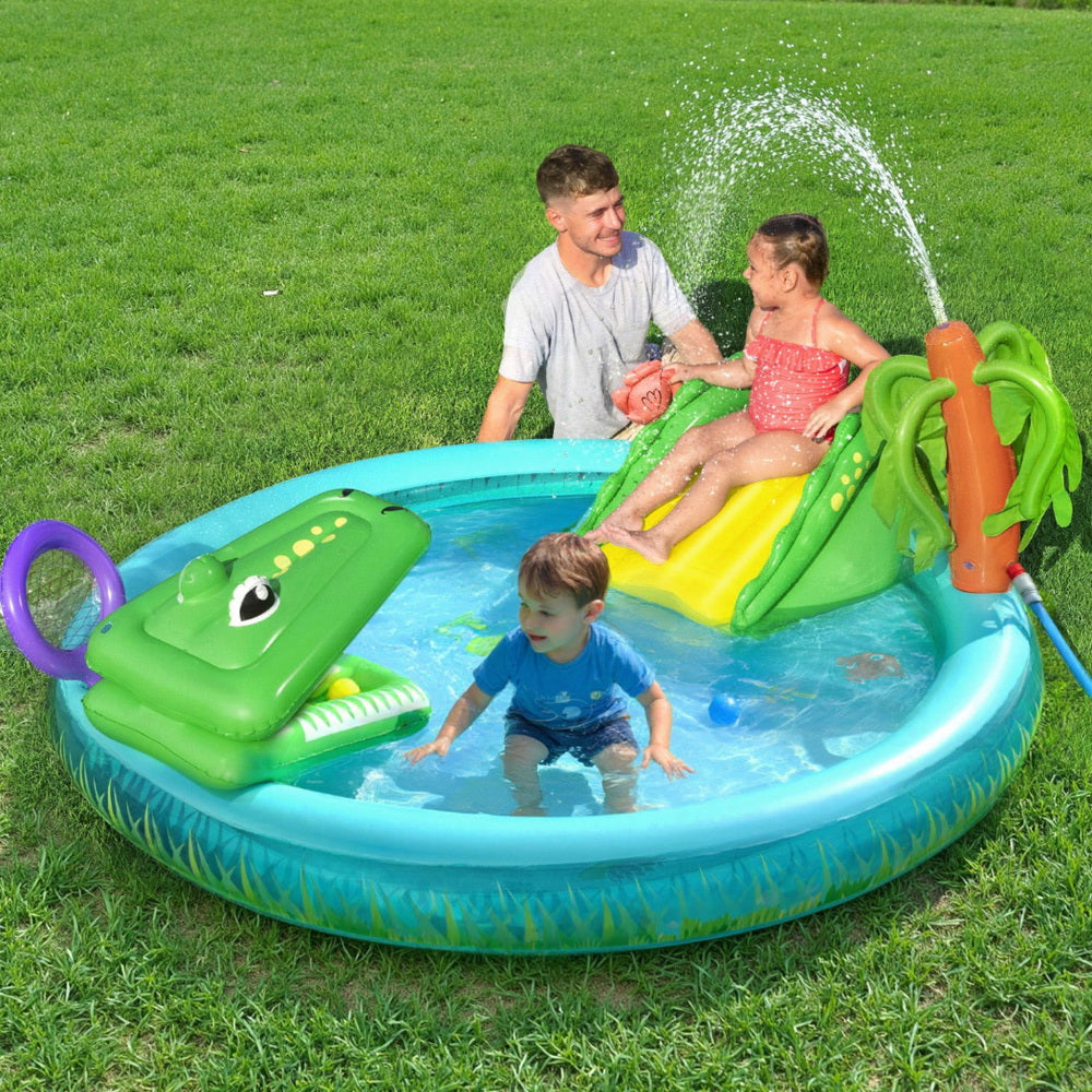 Fantastic Crocodile Kids Inflatable Play Pool with Slide and Fishing Net