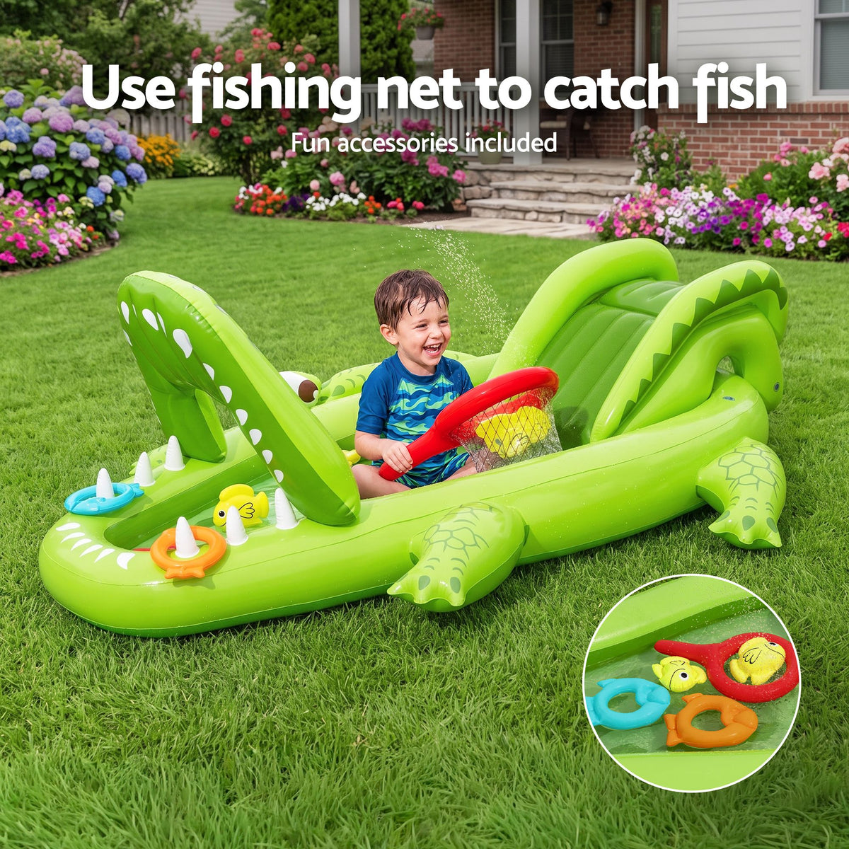 Bestway Inflatable Alligator Kids Play Pool 234cm x 163cm Green