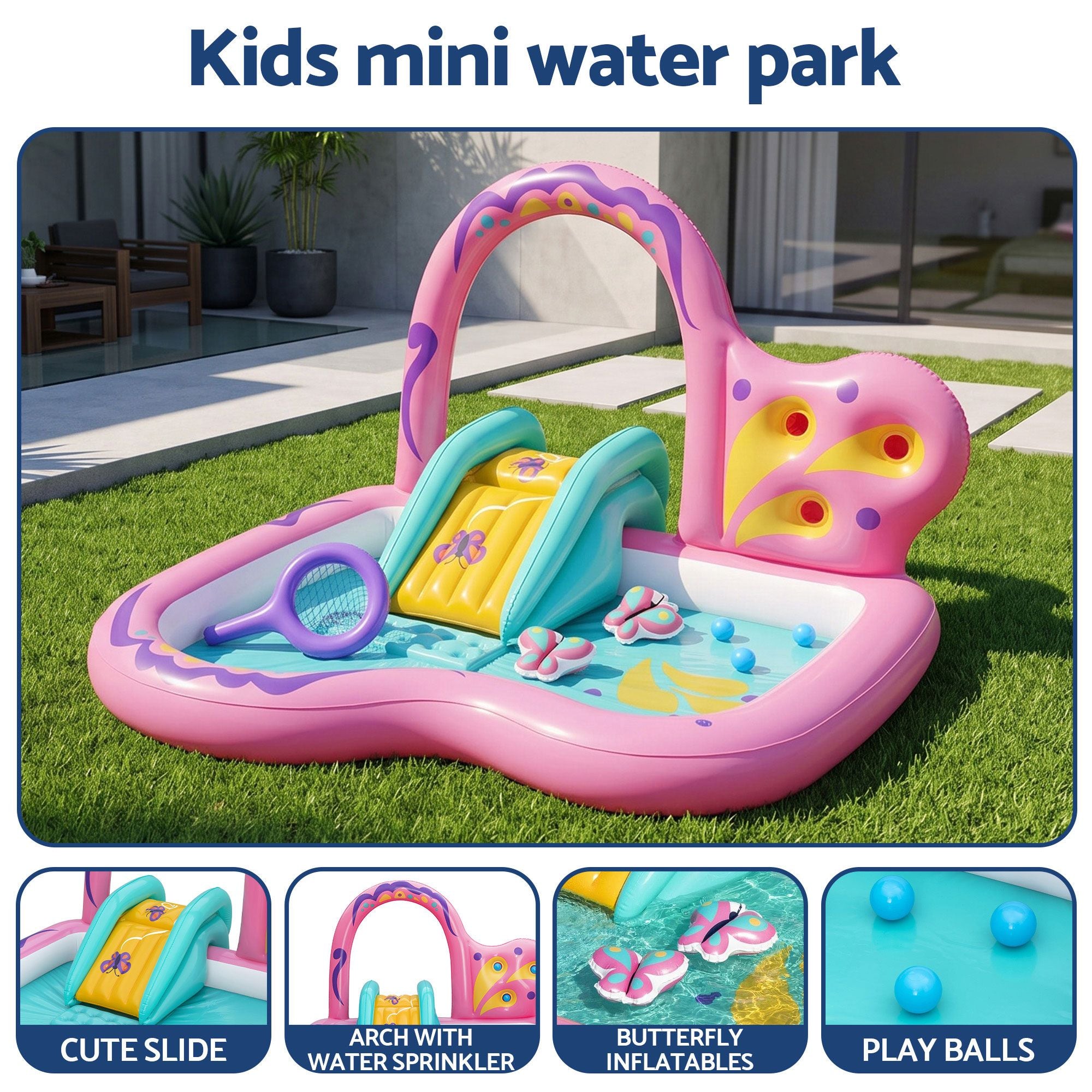 Bestway Inflatable Butterfly Kids Play Pool Park with Slide 180cm Pink