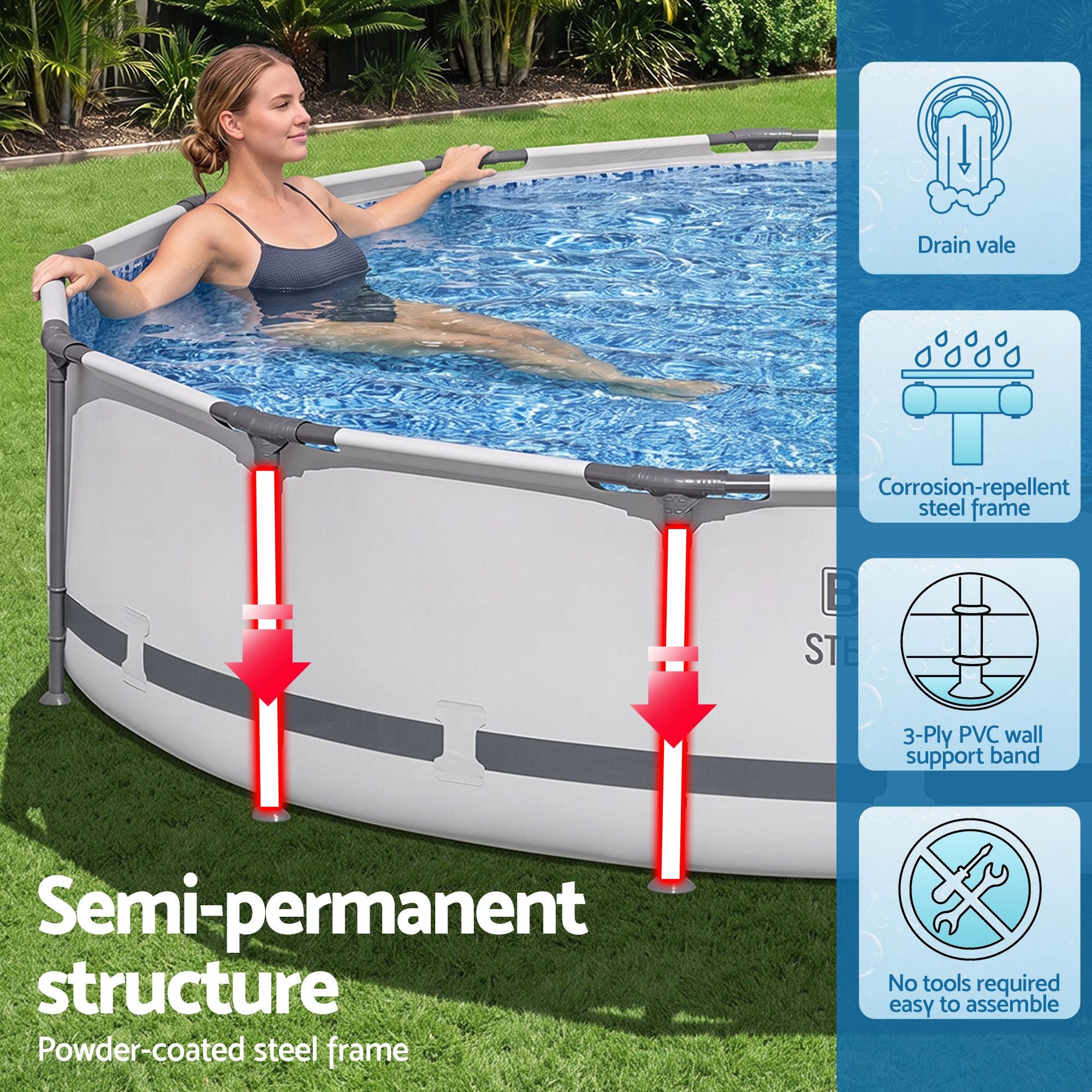 Bestway 427CM Swimming Pools Steel Above Ground Round Backyard Pool Set White