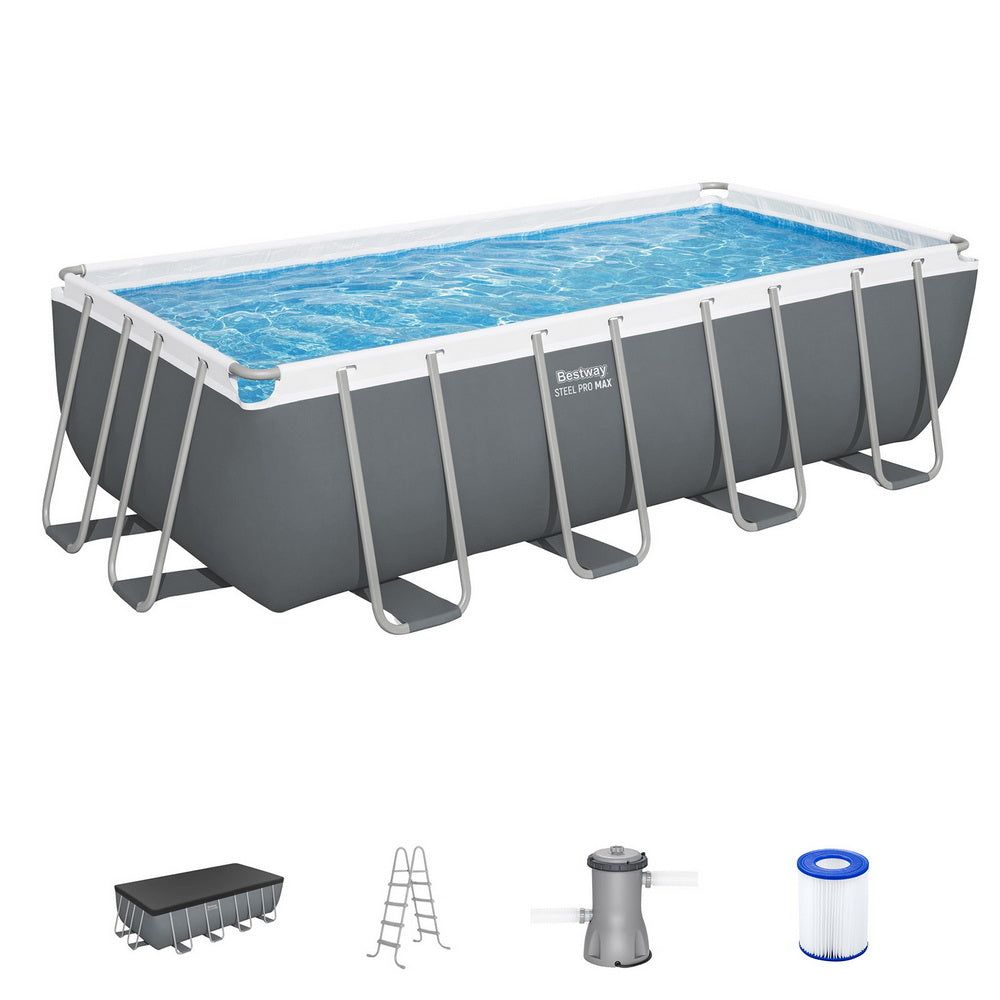 Bestway Power Steel 488x244cm Pool Set Filter Pump Ladder Cover Grey