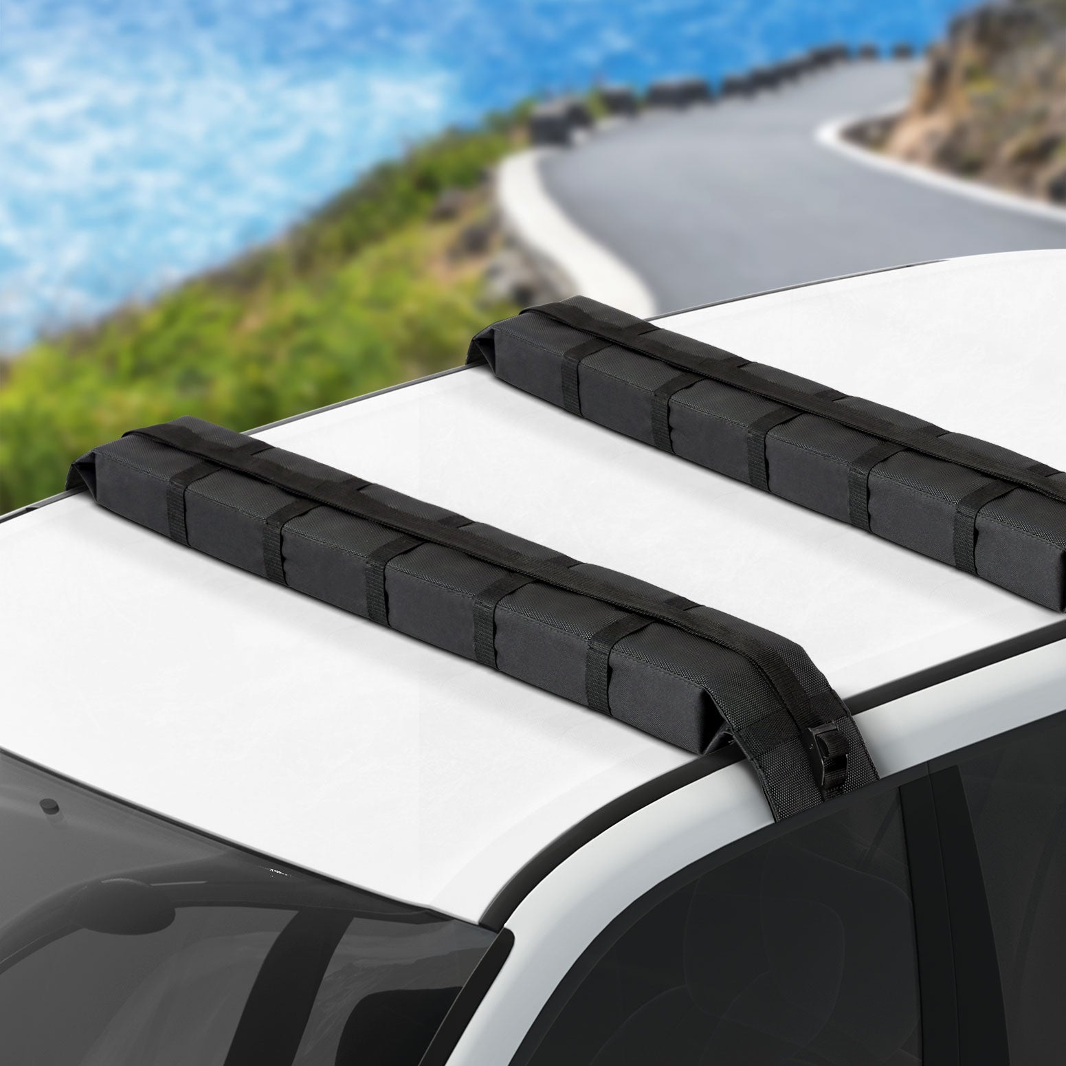 Universal 116cm Soft Car Roof Rack Kayak Luggage Carrier Adjustable Strap Black