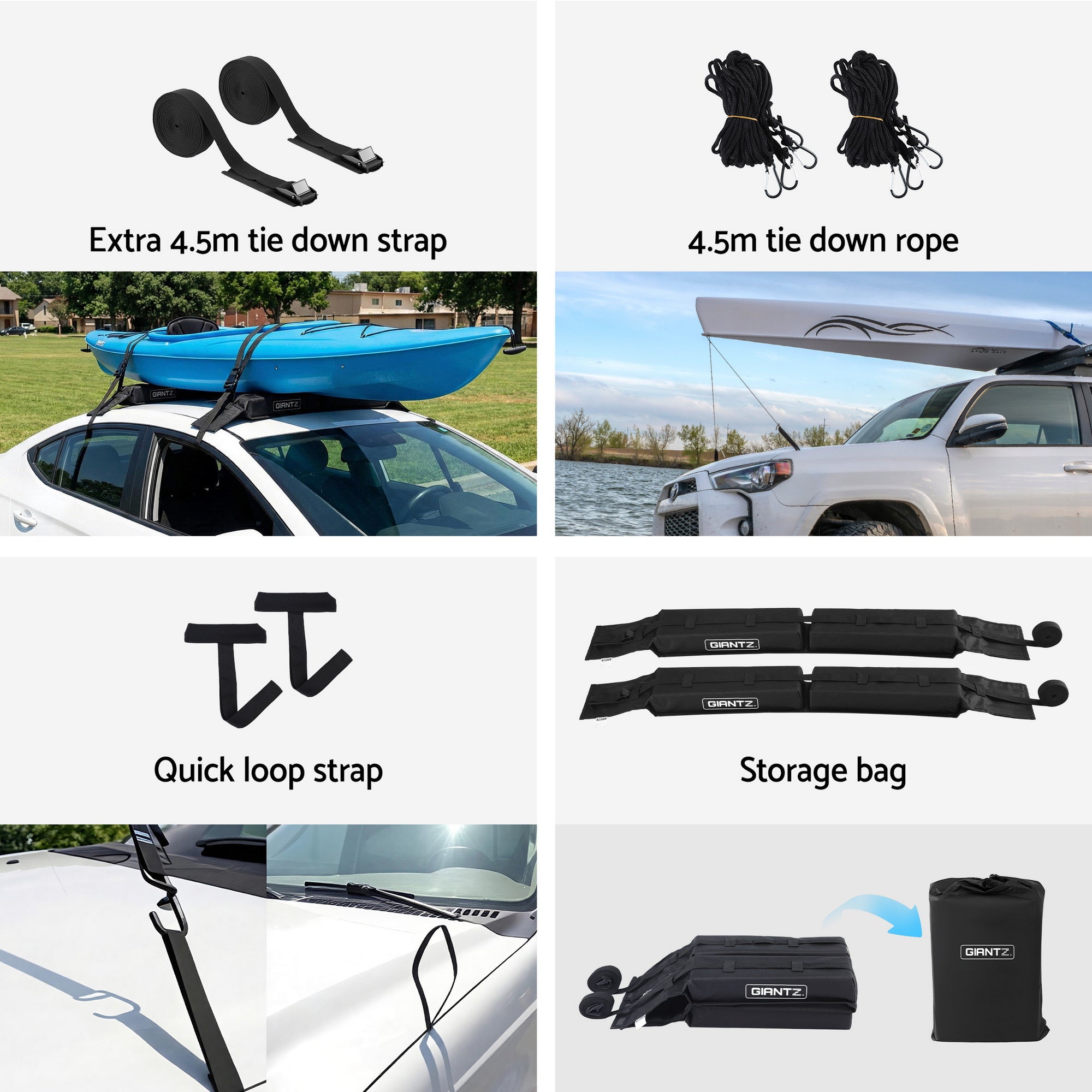 GIANTZ Kayak Roof Rack for Car, Universal Soft Roof Rack Pads for Surfboard SUP Canoe, Roof Bars for SUV Sedan without Side Rails, Portable Cross Bars with 4.5m Tie Down Straps & Ropes, 80kg Capacity