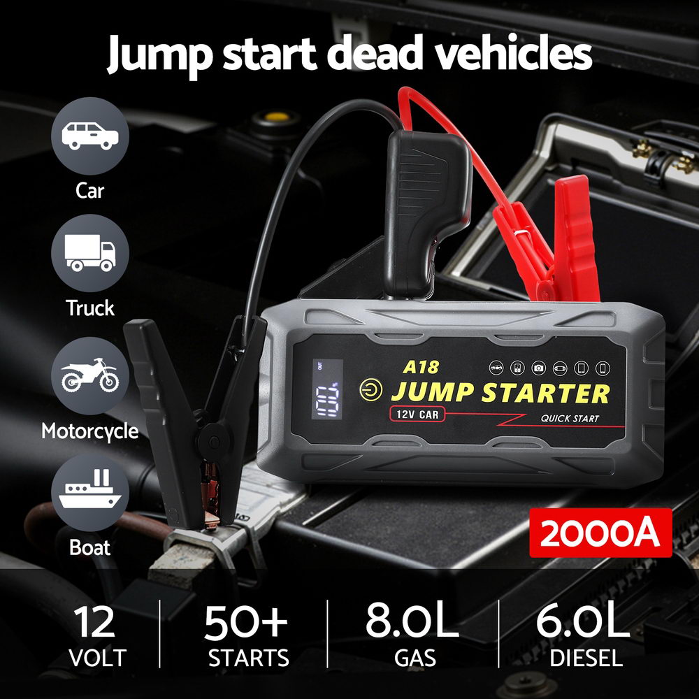 Giantz 2000A 12V Portable Car Jump Starter Power Bank & LED Flashlight