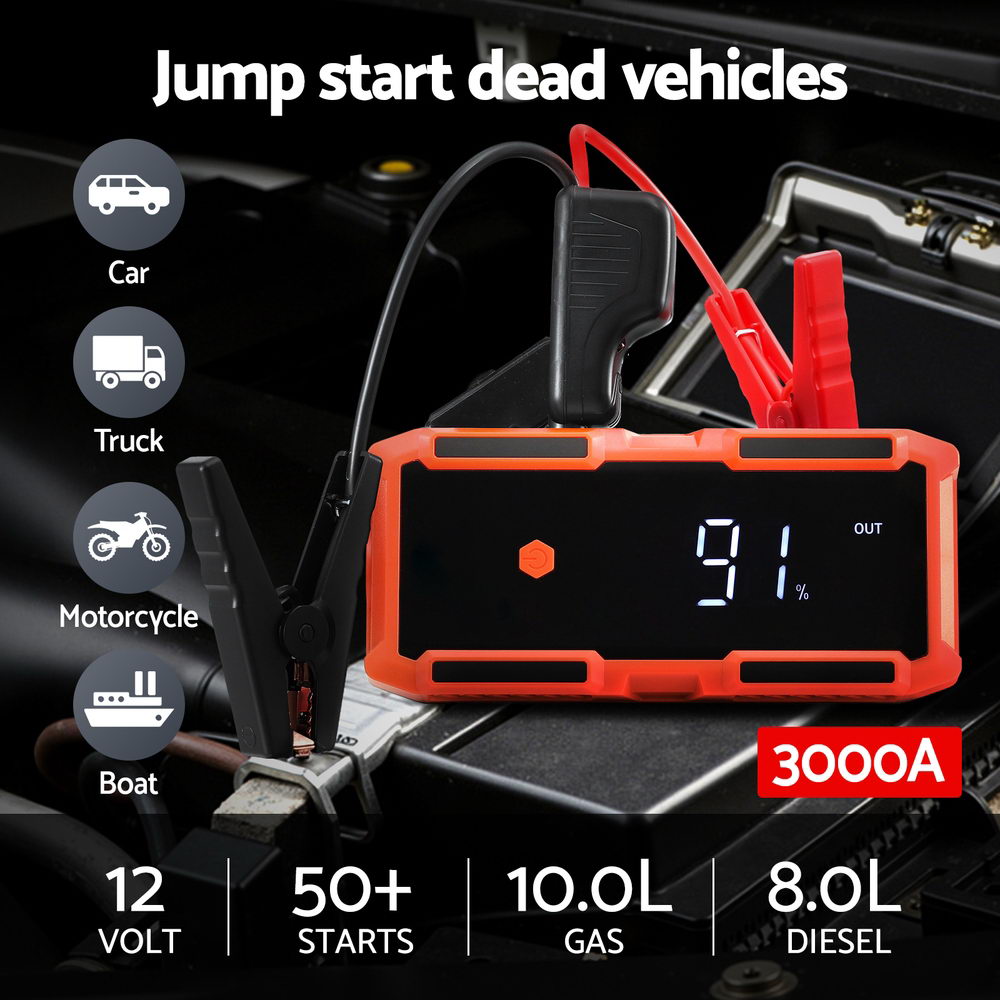 Giantz 3000A Portable Car Jump Starter 12V Lithium Power Bank & Jumper Cables