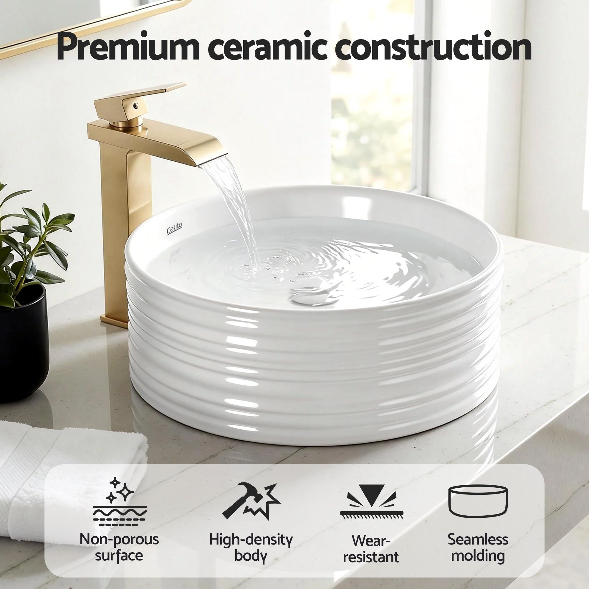 Cefito Bathroom Basin Vanity Sink Vessel Ceramic White Round Countertop 36cm