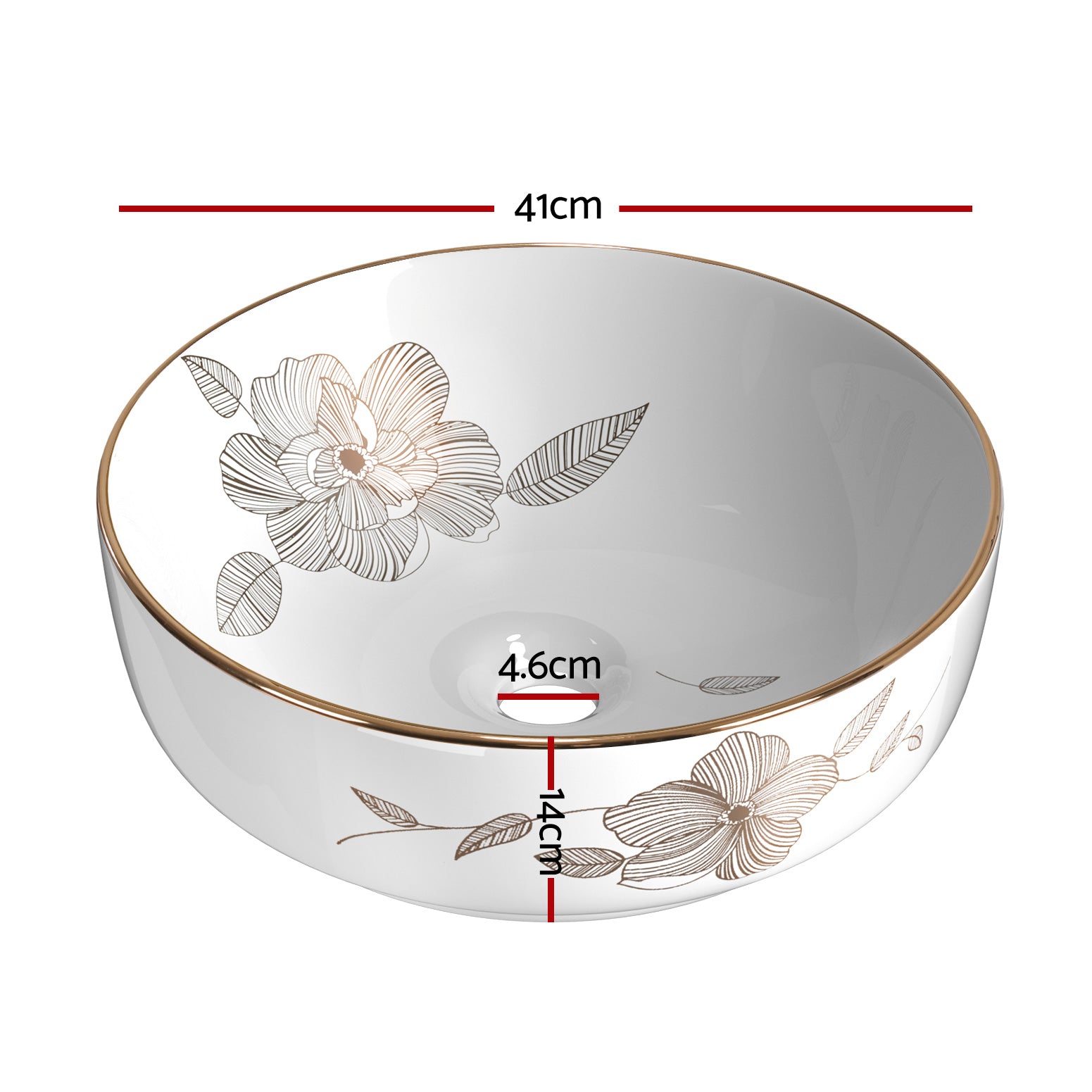 Gold Line Ceramic Vanity Basin 41cm Round Patterned White