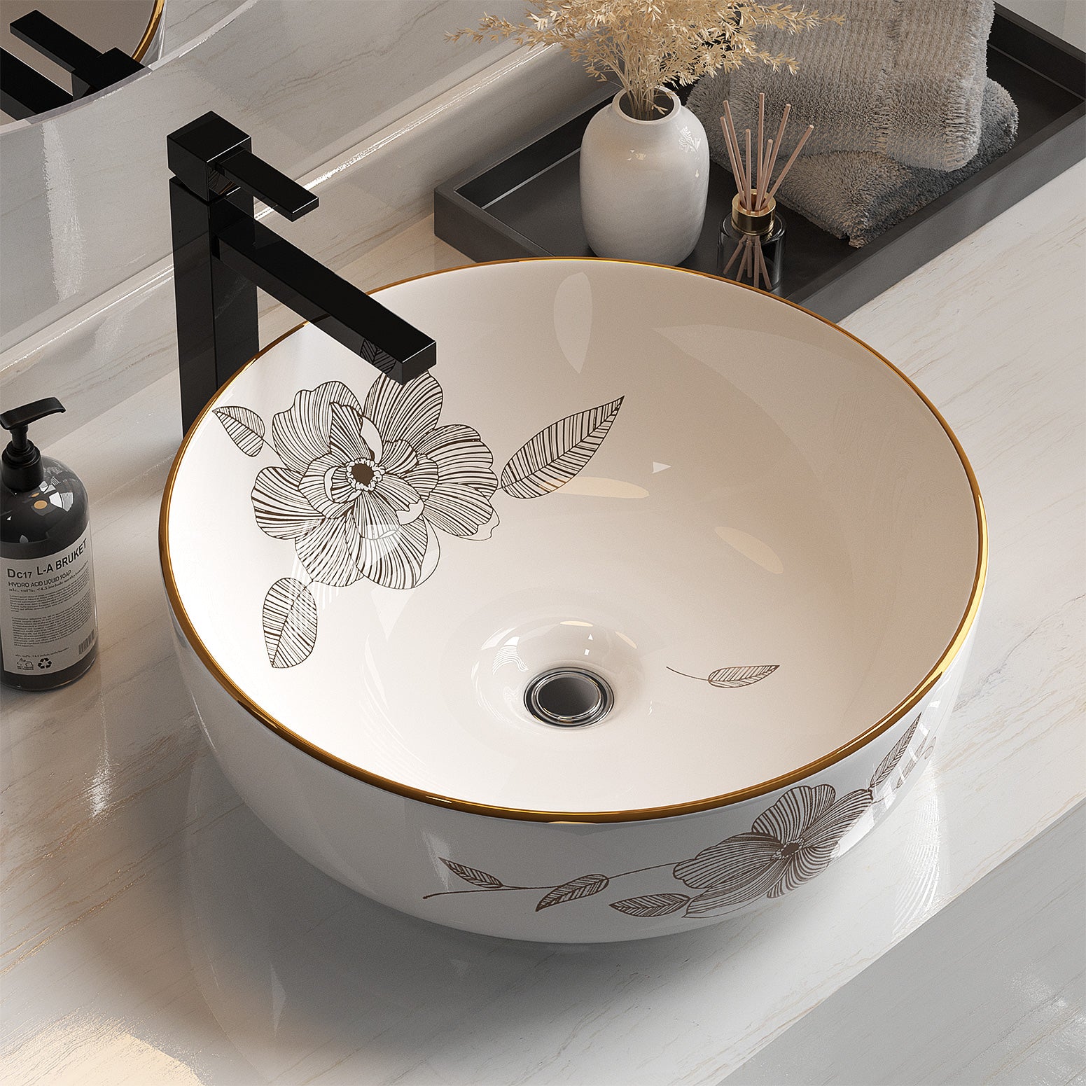 Gold Line Ceramic Vanity Basin 41cm Round Patterned White