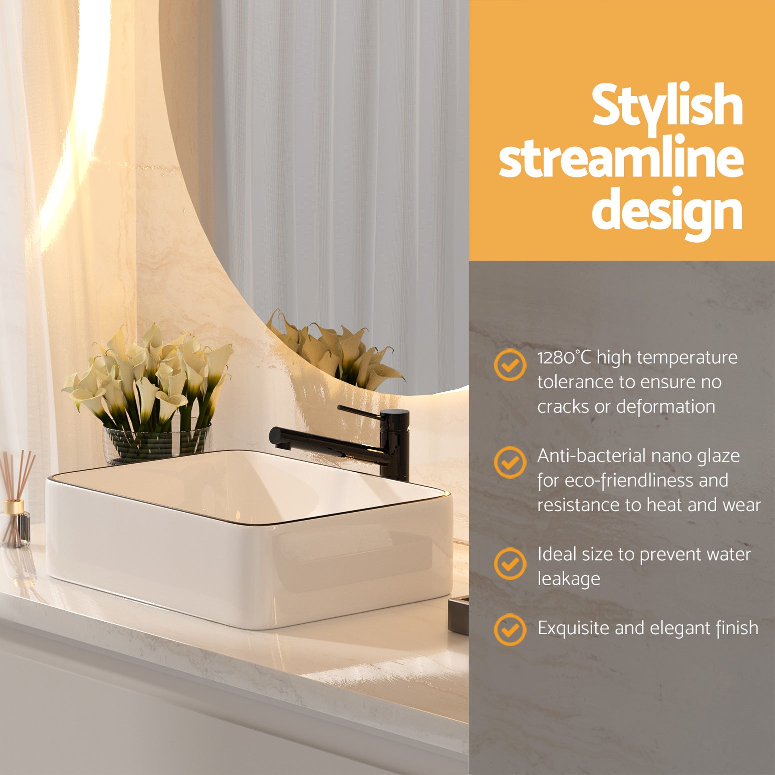 Cefito 48x37cm Ceramic Vanity Basin Above Counter White Black Line