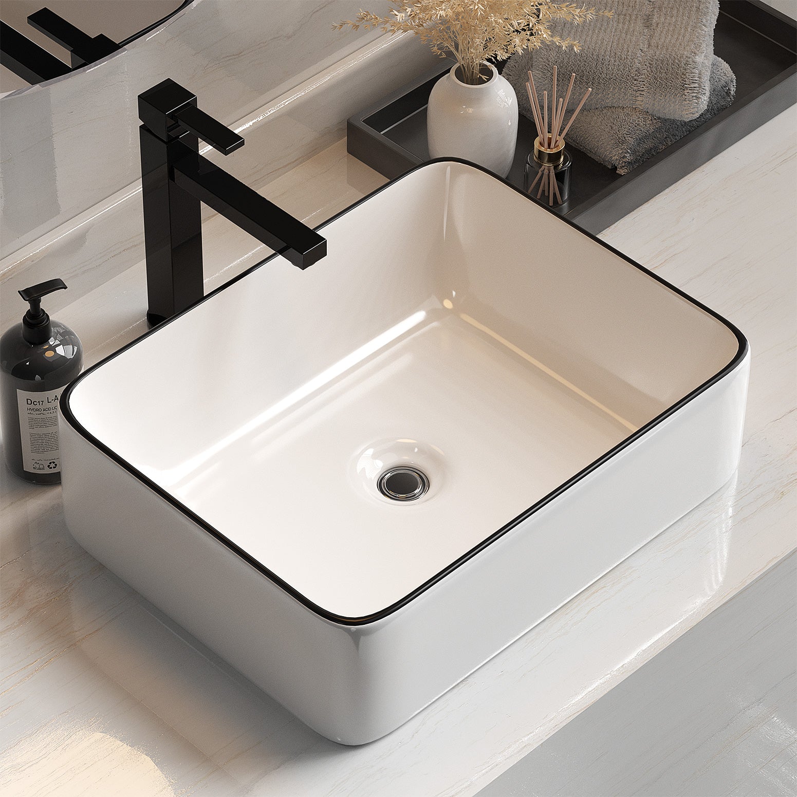 Cefito 48x37cm Ceramic Vanity Basin Above Counter White Black Line