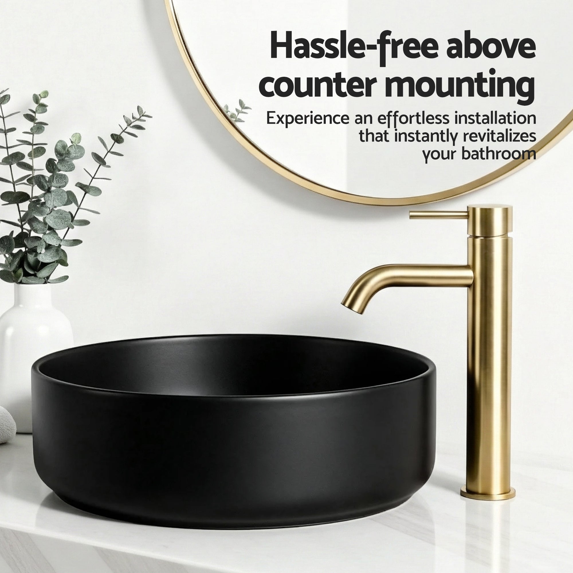 Cefito Bathroom Basin Ceramic Vanity Sink Vessel Bowl Wash Matte Black Round Countertop