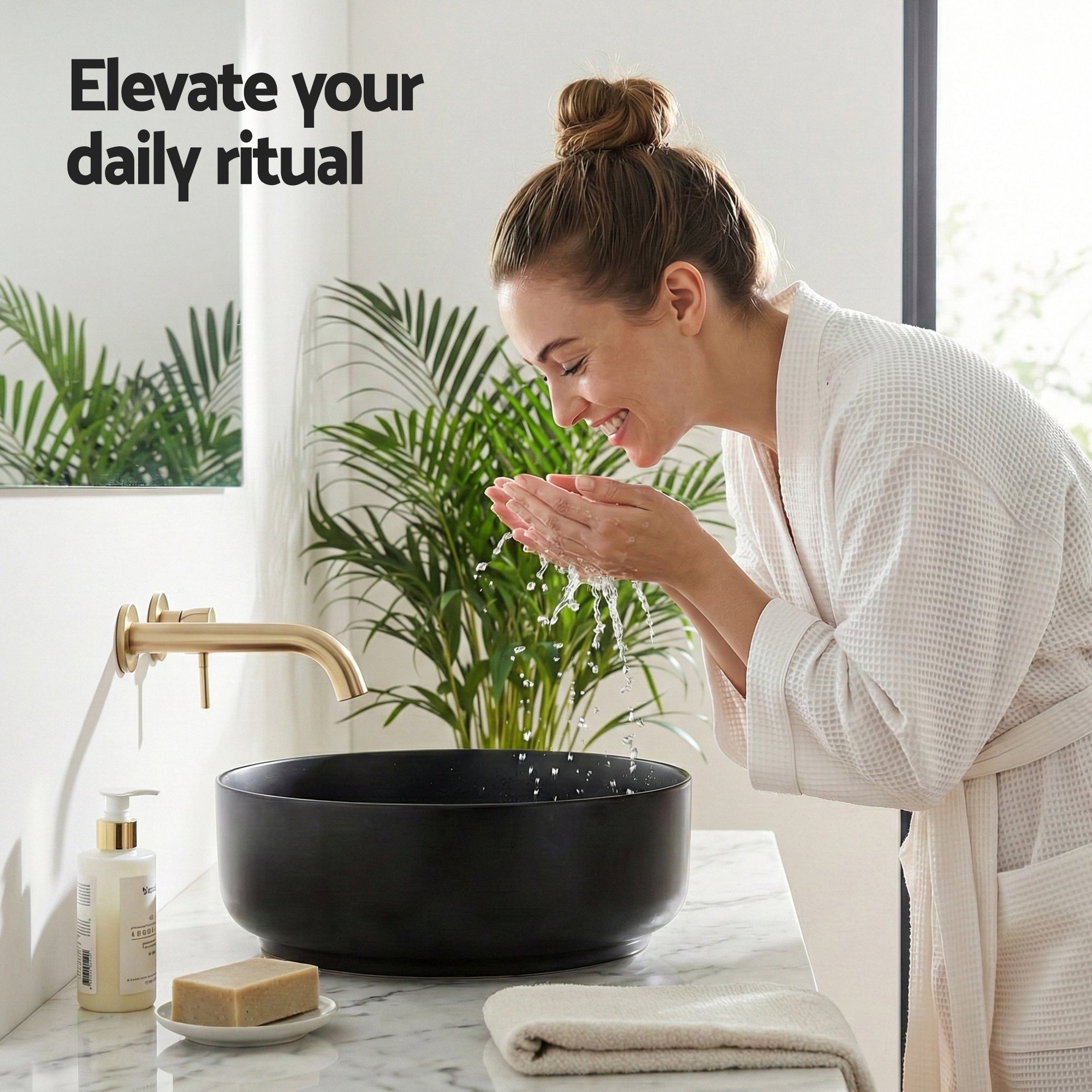 Cefito Bathroom Basin Ceramic Vanity Sink Vessel Bowl Wash Matte Black Round Countertop