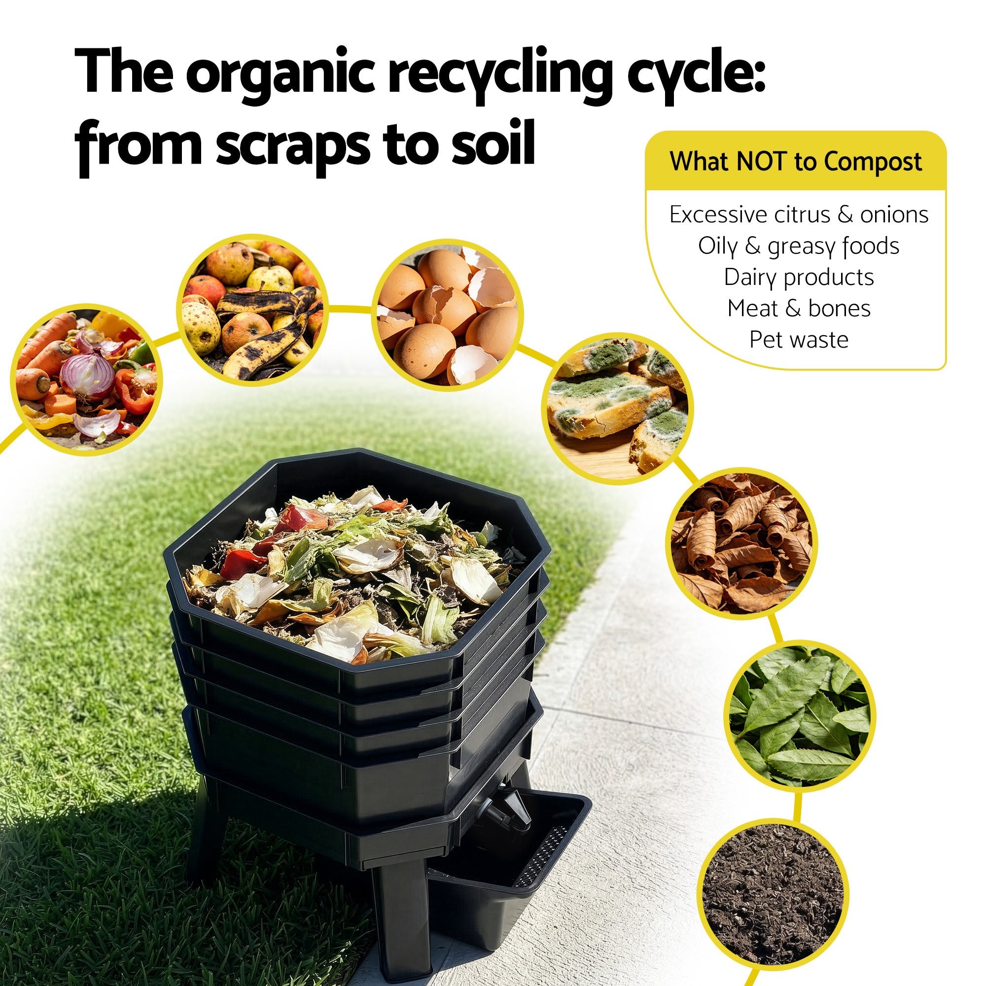 Gardeon Compost Bin 4-Tray Stackable Worm Farm Composter with Liquid Fertiliser Tap