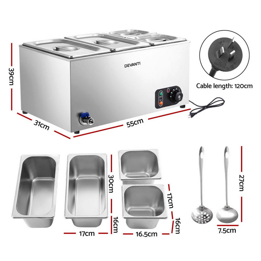 Devanti 4-Pan Commercial Bain Marie Food Warmer Stainless Steel