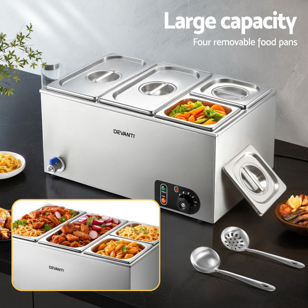 Devanti 4-Pan Commercial Bain Marie Food Warmer Stainless Steel