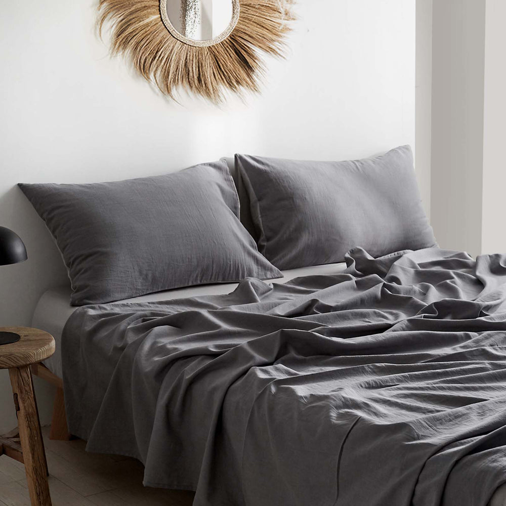 Cosy Club Double Sheet Set Washed Cotton Grey Hypoallergenic