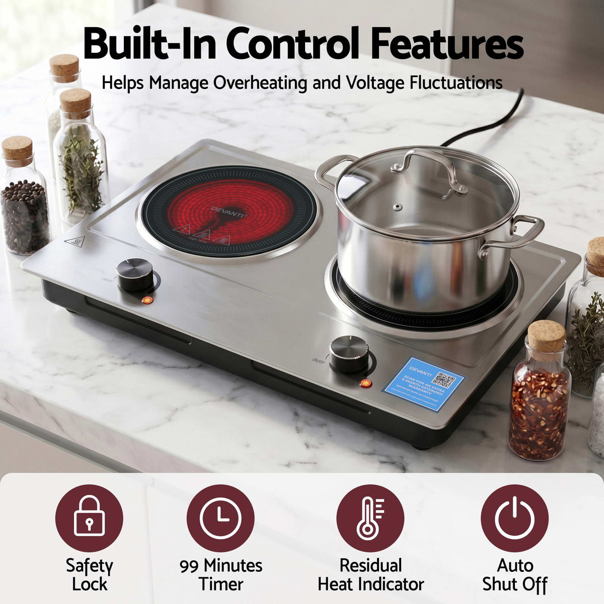 Devanti 2 Hob Ceramic Cooktop Electric Hot Plate Infrared 2400W