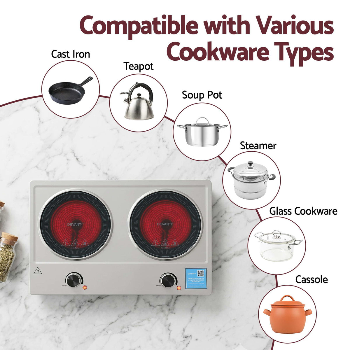 Devanti 2 Hob Ceramic Cooktop Electric Hot Plate Infrared 2400W