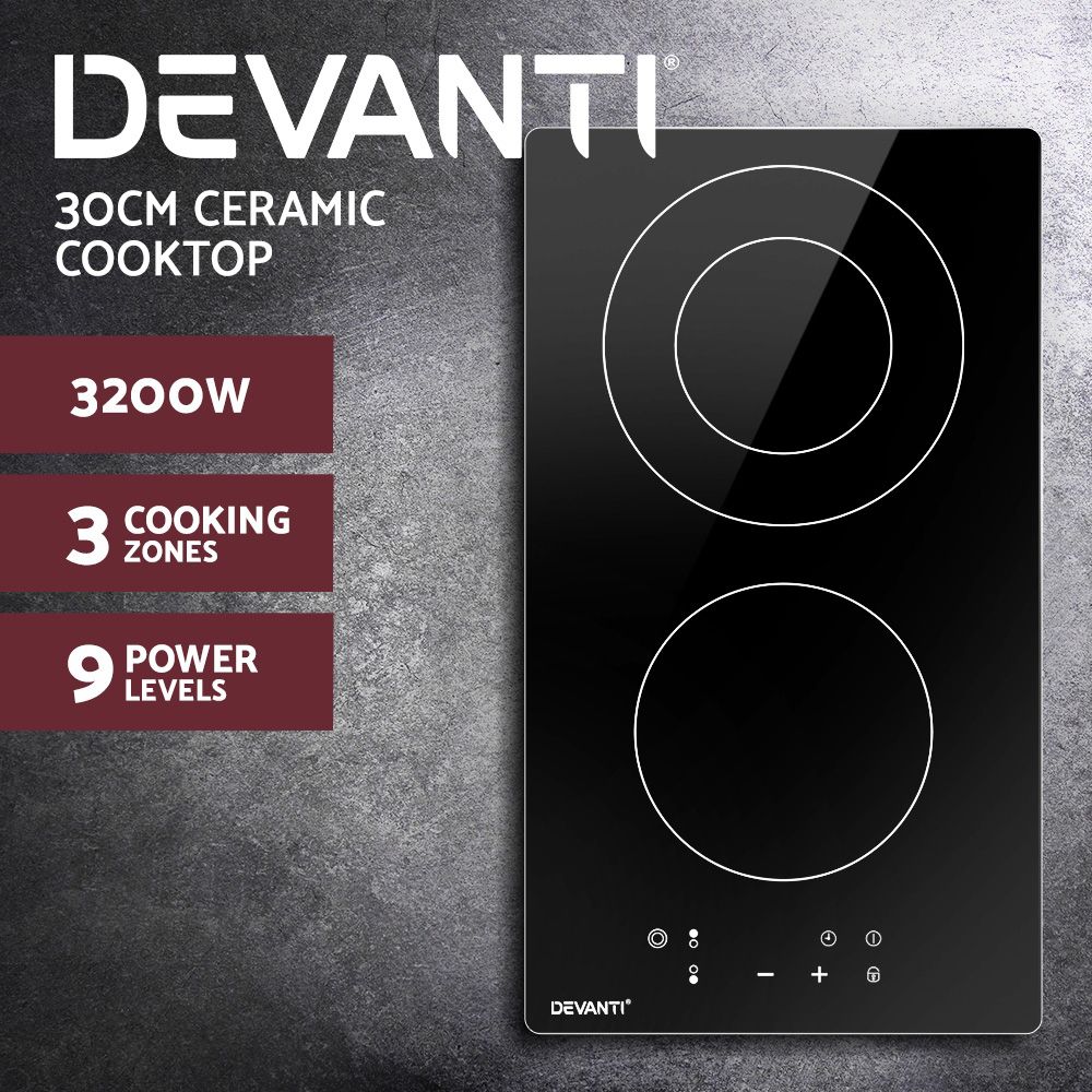 Devanti 30cm Electric Ceramic Cooktop with 3 Cooking Zones