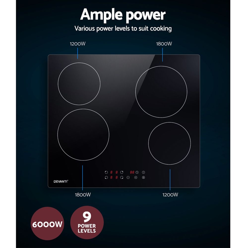 Devanti 60cm Electric Ceramic Cooktop 4 Zone Touch Control