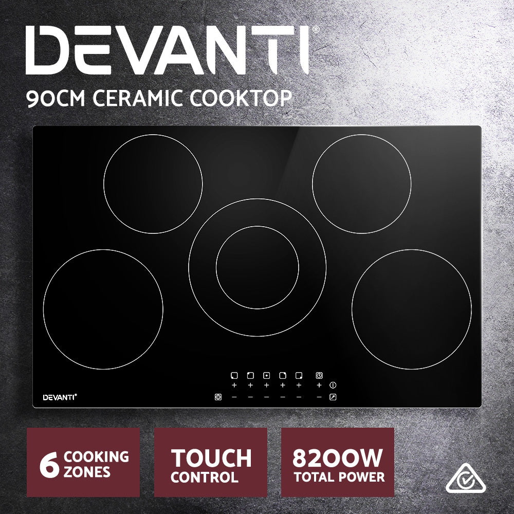 Devanti 90cm Electric Ceramic Cooktop Black Glass