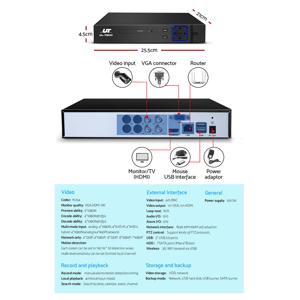 UL-Tech 4CH 1080p CCTV Security System 4 Cameras Night Vision