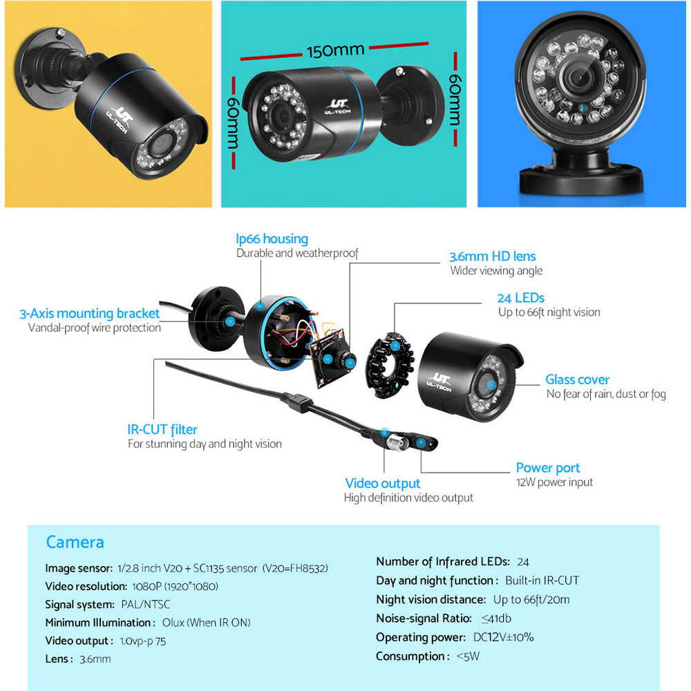 UL-Tech 4CH 1080p CCTV Security System 4 Cameras Night Vision