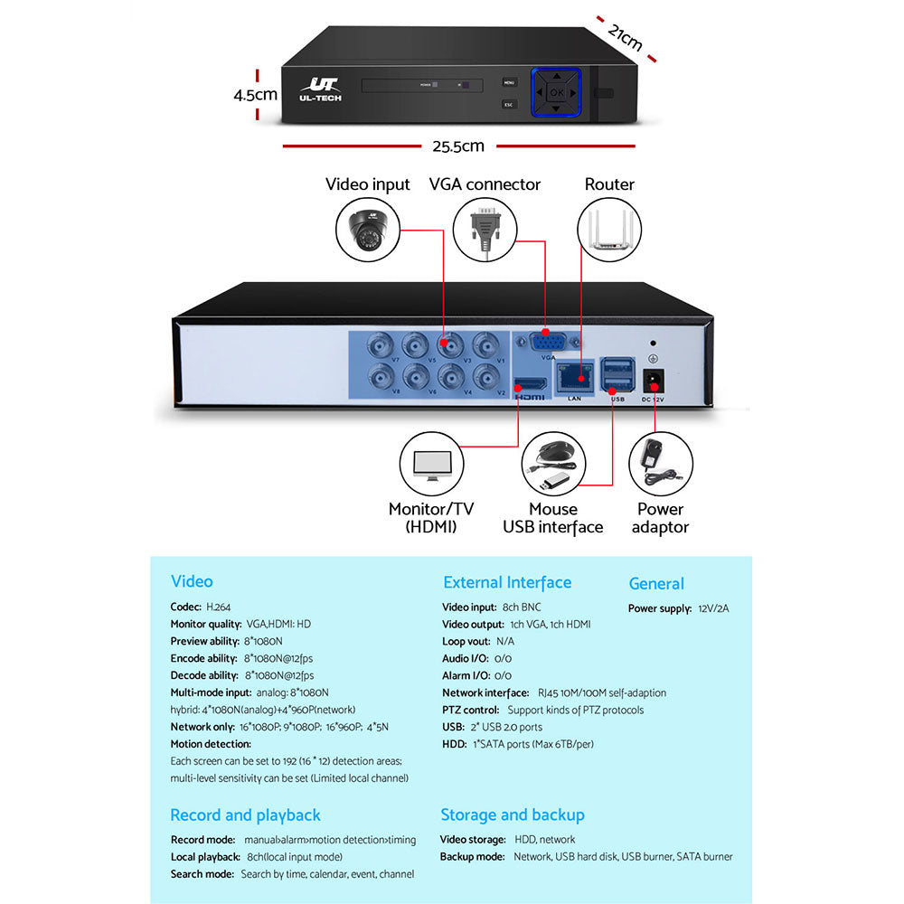 UL-Tech 8CH DVR Security System 4 Cameras 1080p Indoor