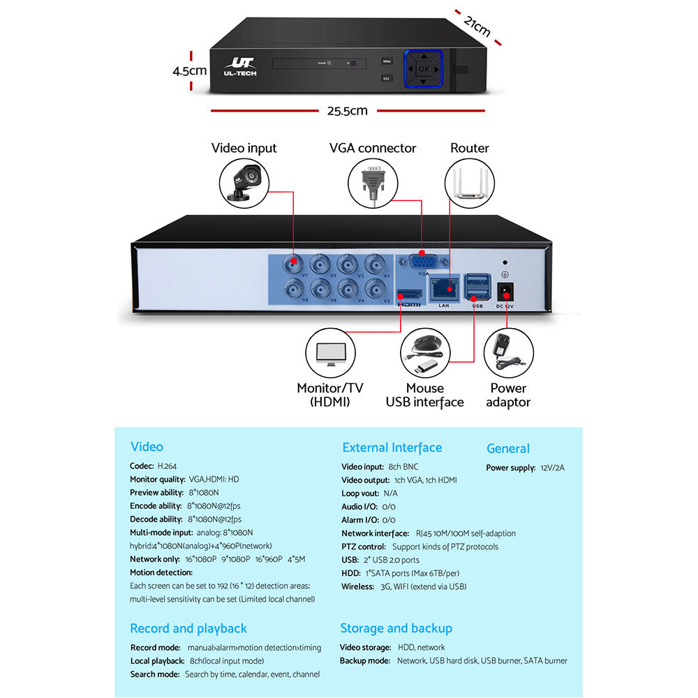 UL-Tech 8CH 1080p CCTV Security System 4 Cameras Motion Detection