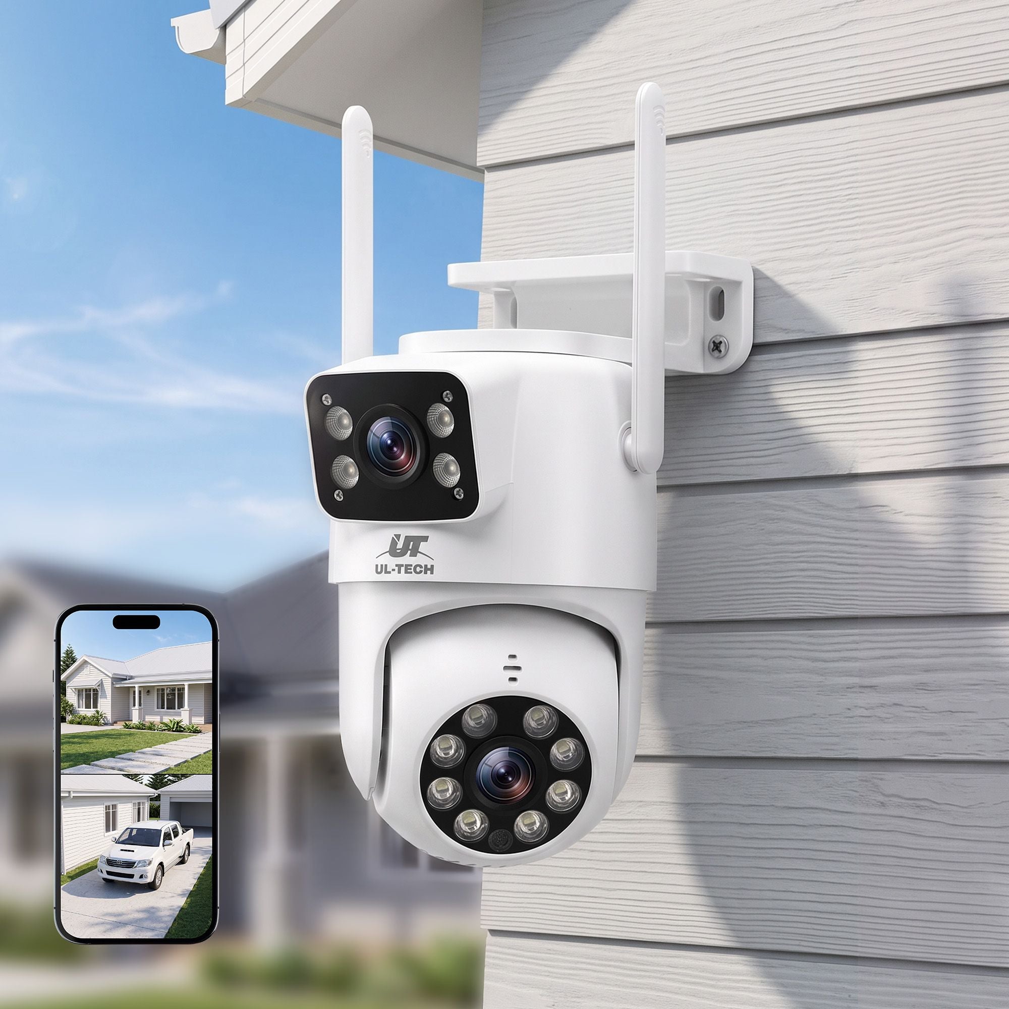 UL-Tech Wireless Security Camera Outdoor Indoor, 2.5K Dual Lens Pan Tilt, 4MP 2×2MP IP Camera, Motion Detection, Auto-Tracking, Colour Night Vision, 2.4G WiFi, Two-Way Audio, Pet Baby Surveillance