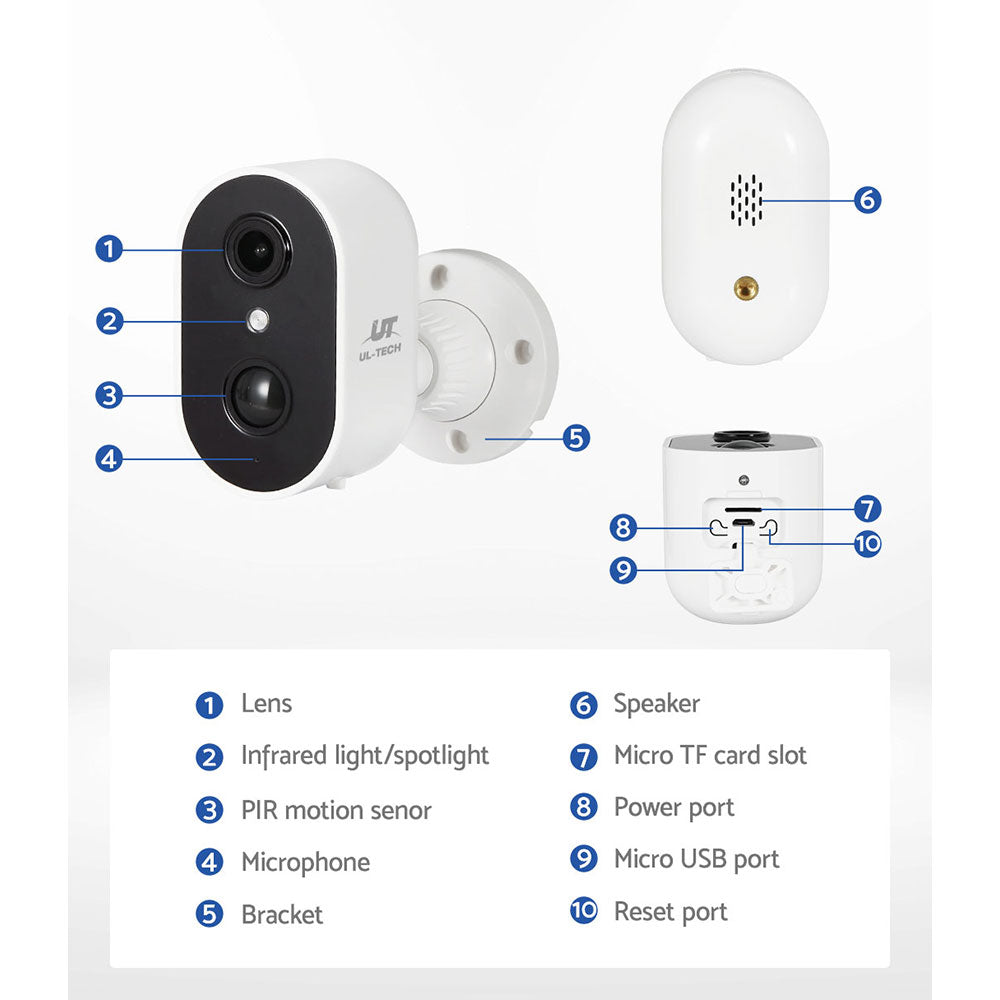 UL-Tech 1080P Wireless Outdoor Security Camera Rechargeable White Solar Panel