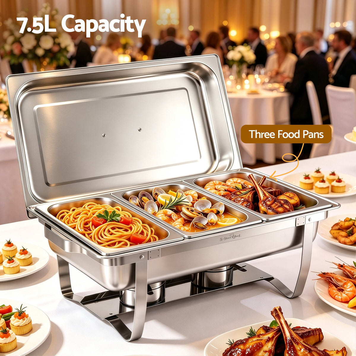 5-Star Chef Chafing Dish 7.5L 3-Pan Buffet Food Warmer