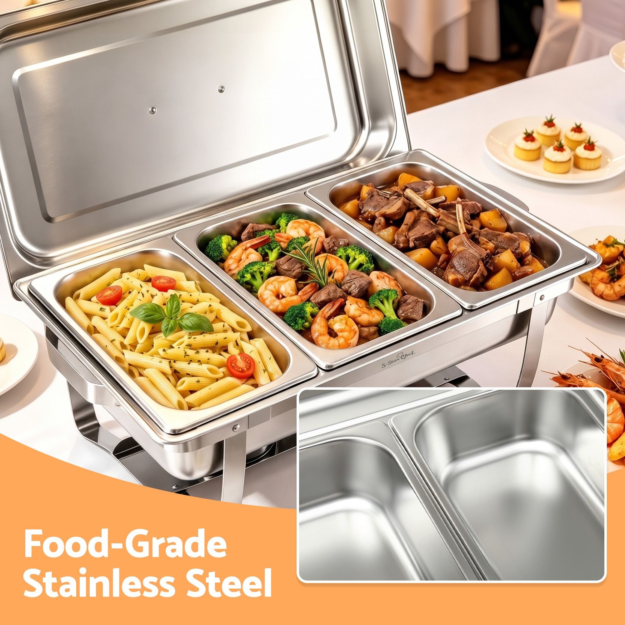 5-Star Chef Chafing Dish 7.5L 3-Pan Buffet Warmer Food Warmer Catering Server