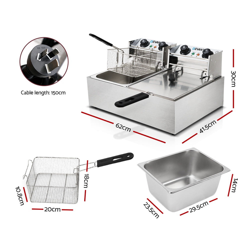 Devanti 20L Electric Deep Fryer Double Baskets 4400W Silver