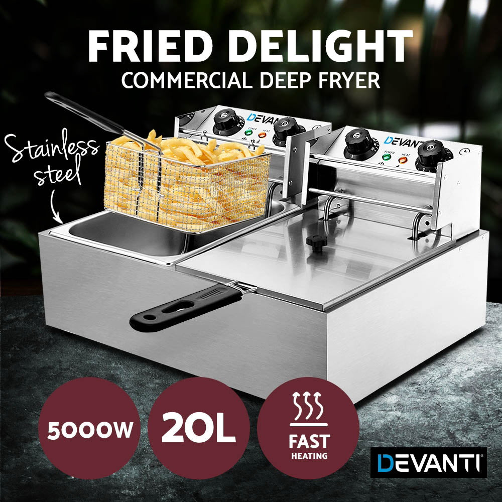 Devanti 20L Electric Deep Fryer Double Baskets 4400W Silver