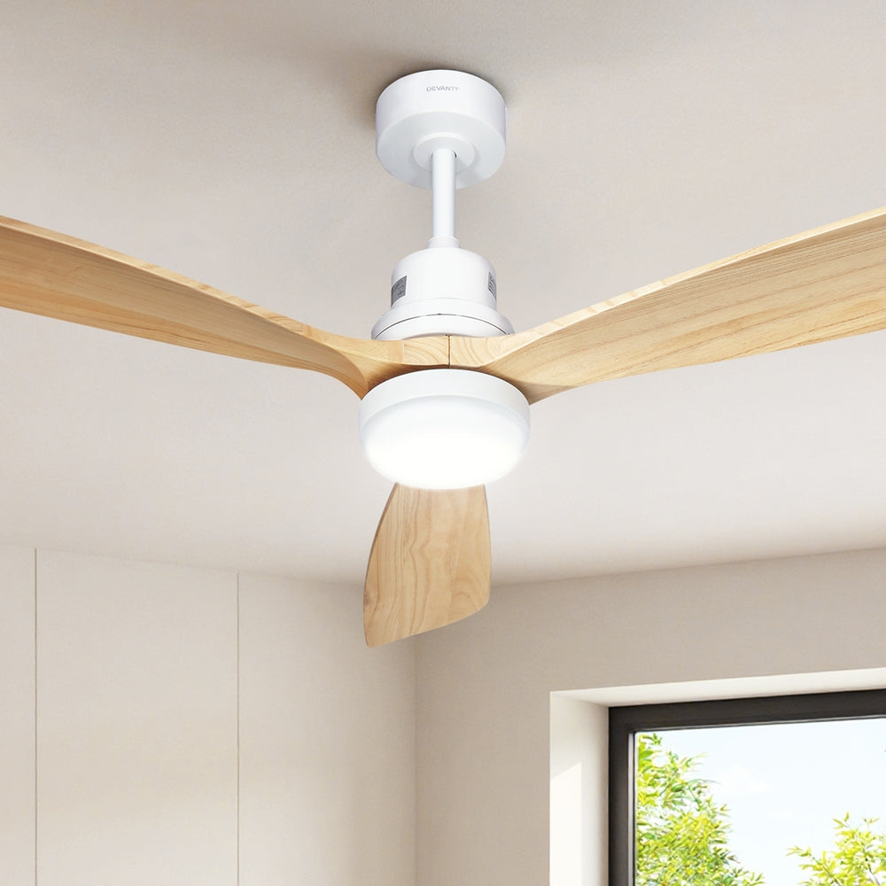 Devanti 52-Inch Ceiling Fan with LED Light and Remote, Light Wood