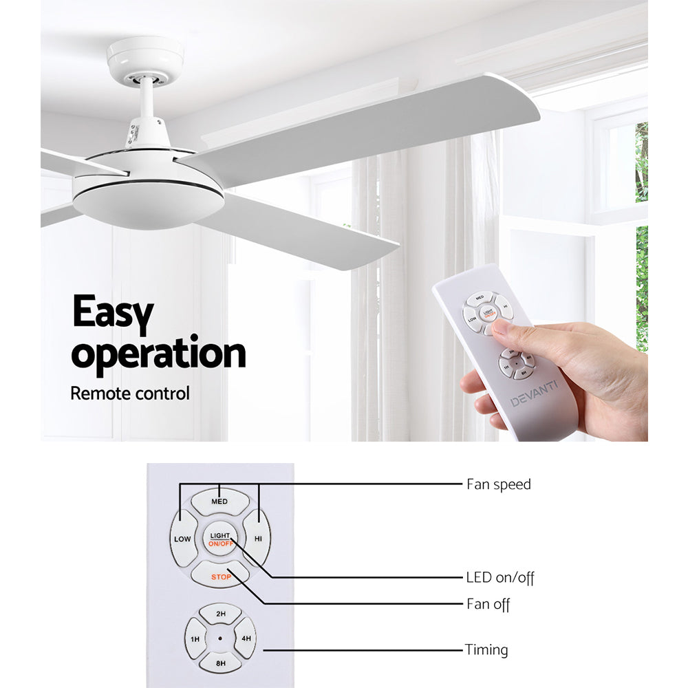 Devanti 52'' Ceiling Fan AC Motor 4 Blades Remote White